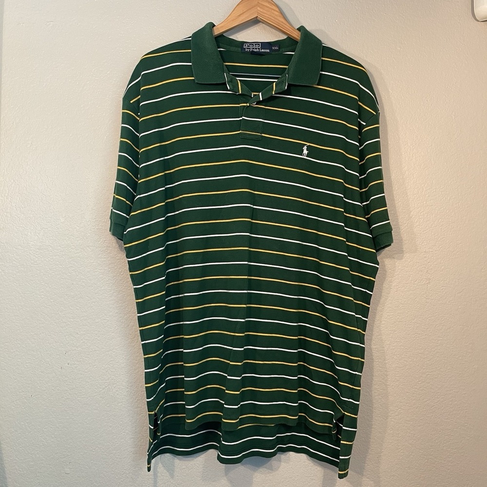 Polo Ralph Lauren Polo Shirt Mens XXL Green White Yellow Stripe Casual Cotton